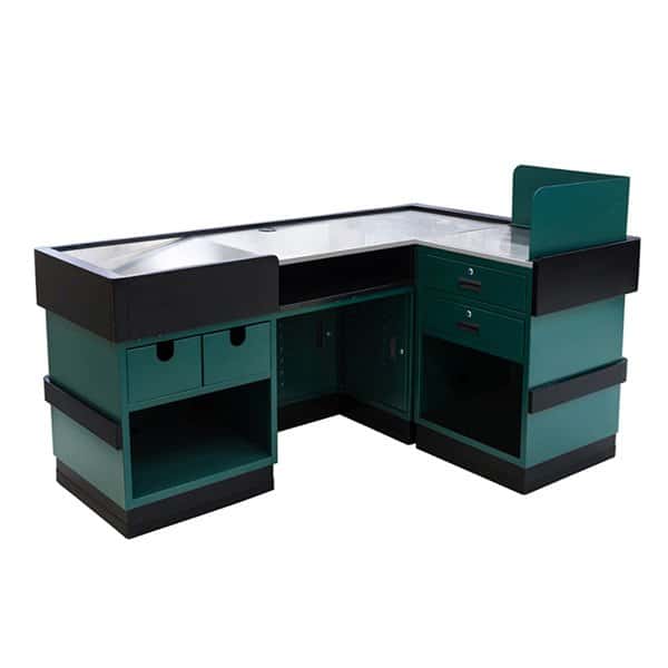 Green Checkout Stand with Entrance Gate Back View