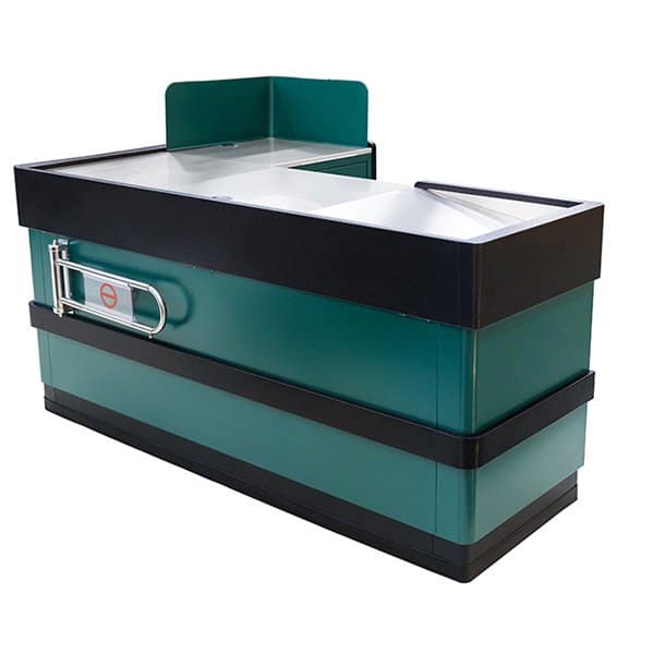 Green Checkout Stand with Entrance Gate Front View