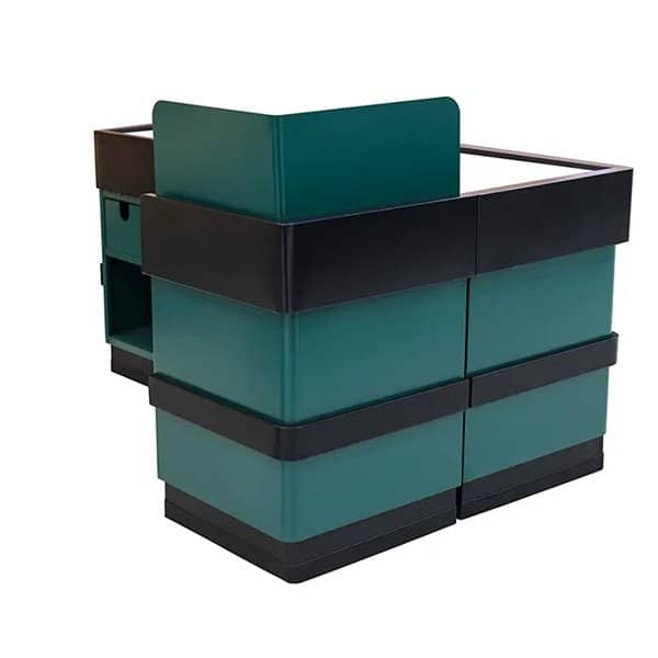 Green Checkout Stand with Entrance Gate Side View
